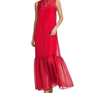 Sleeveless Red Maxi Dress with Sheer Hem